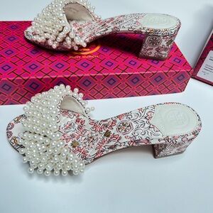 Tory Burch Pearl Embellished Block Heel Slide-NEW
